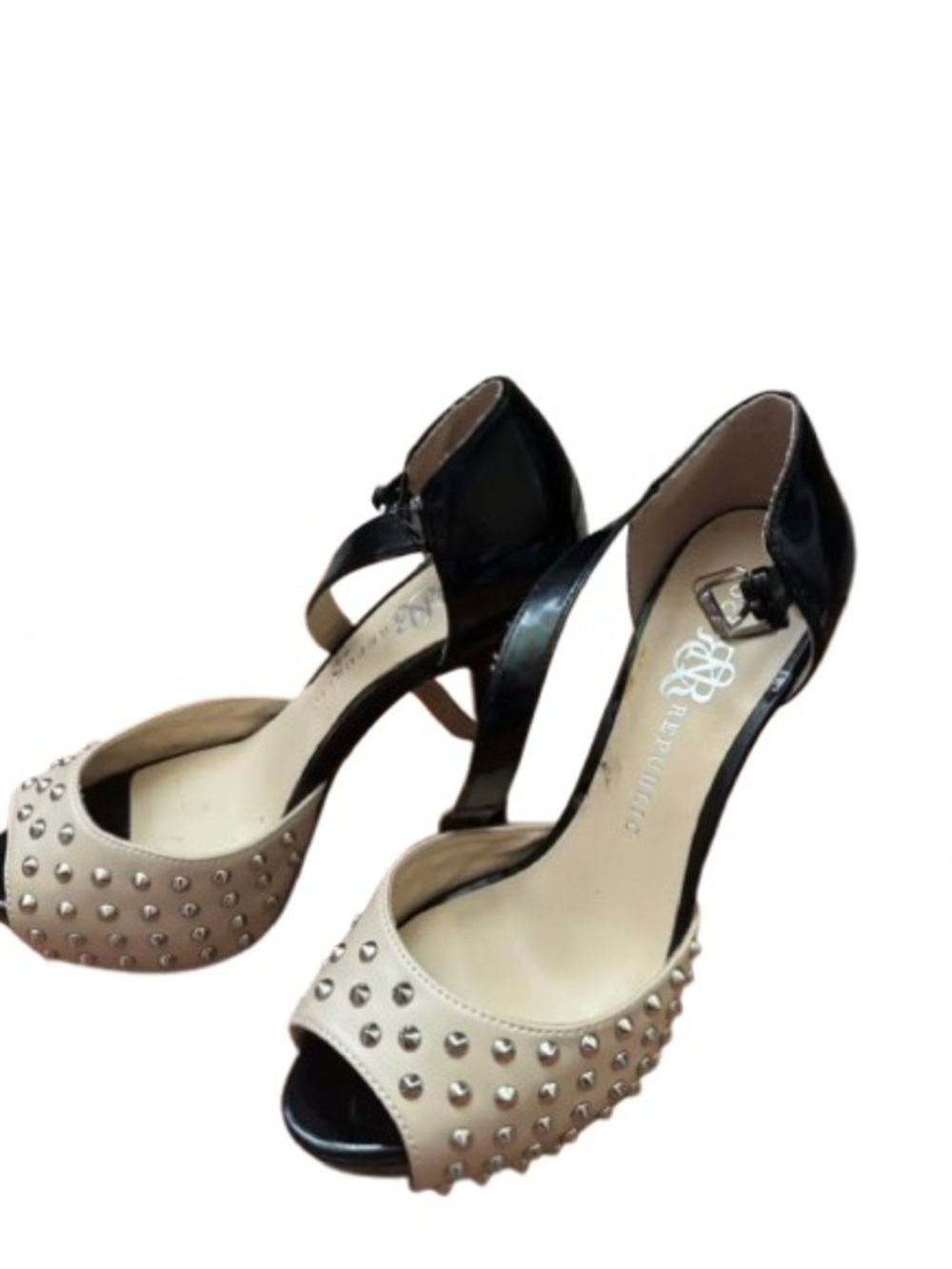 Rock & Republic Beige Studded Peep-Toe Heels with Black Ankle Strap
